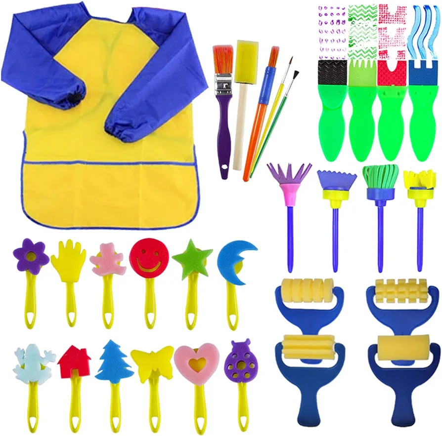 Paint Sponges for Kids,29 pcs of Fun Paint Brushes for Toddlers.Coming with Sponge Brush, Flower Pattern Brush, Brush Set, Long Sleeve Waterproof Apron with 3 Roomy Pockets