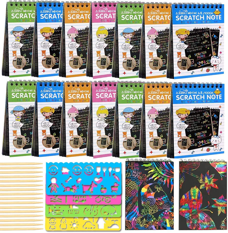 POKONBOY 16 Pack Scratch Arts and Crafts Notebooks, Scratch Note Pads for Kids Rainbow Party Favors Coloring Books for Kids Art Party Supplies Stocking Stuffers（16 Wooden Stylus & 4 Drawing Stencils）