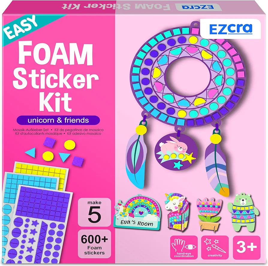 EZCRA Easy Arts and Crafts for Kids - Fun Foam Sticker Kit - 5 Cute Projects for Girls, Over 600 Stickers - Art Supplies and Art Kit for Kids - Gifts & Toys for Boys and Girls Age 3,4,5,6,7,8