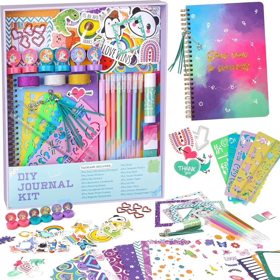 Nicpro DIY Journal Kit for Girls, 123 PCS Art & Craft DIY Journaling Set for Kids Ages 6,7,8,10 to 12 Years Old, Scrapbook Kit Stationery Set Gift for Birthday, with Diary, Color Pen, Stamp,Stickers