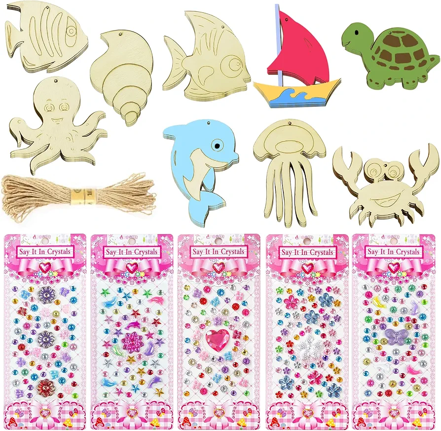 DIY Wooden Magnets, 42 Wooden Art Craft for Kids, Art and Craft Supplies Party Birthday Gift Favors for Boys Girls, Birthday Wood Unfinished Wood Craft Set with Rope Sticker