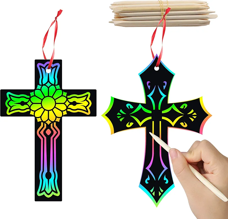 WATINC 60Pcs Scratch Cross Ornaments, Magic Art Color Craft Kit for Kids Magic Scratch Party Favors, Scratch Paper Hanging Tags, Birthday Gifts for Kids, DIY Art Craft Kit for Boys Girls