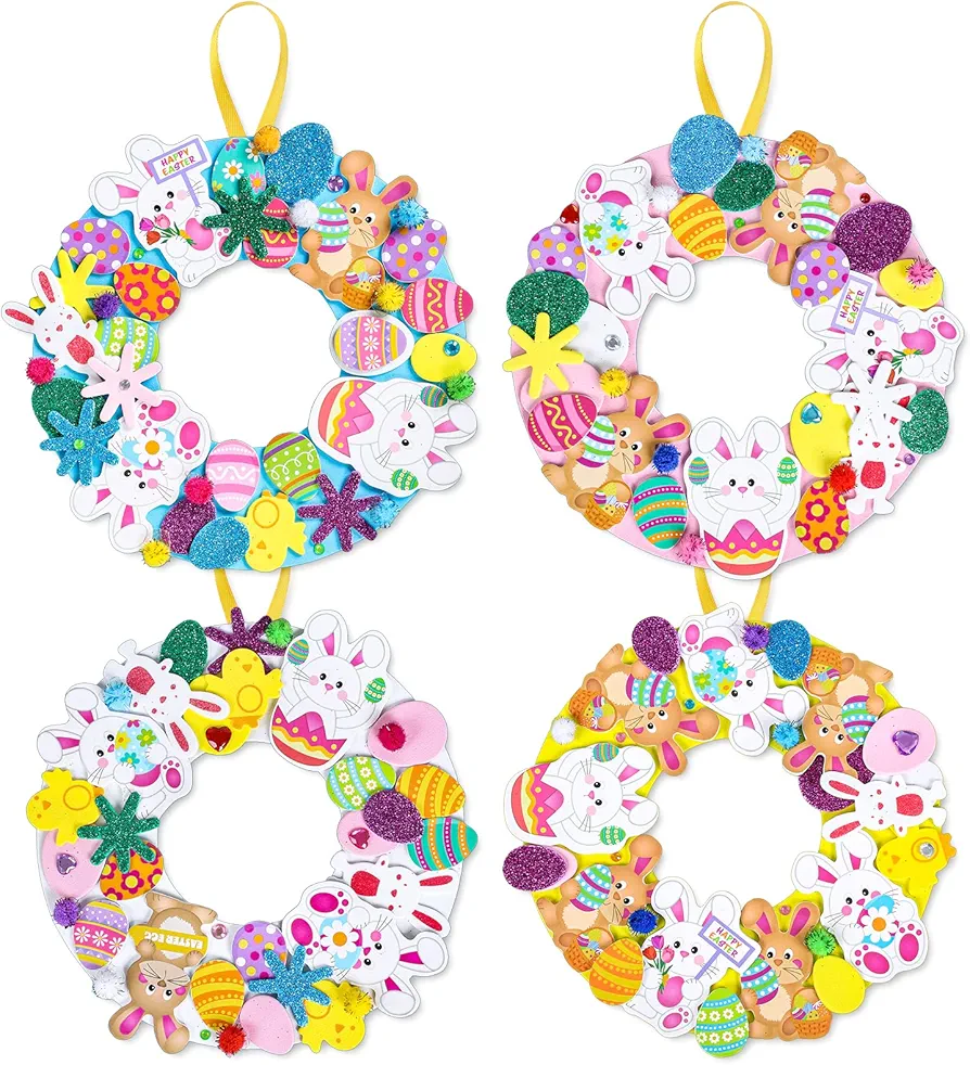 Whaline 12 Sets Easter Foam Stickers Easter Wreath Signs with 400Pcs Cute Bunny Egg Stickers, Rhinestone Sticker, 100Pcs Pom Balls and Yellow Ribbons DIY Foam Wreath Signs for Easter Holiday Party Art