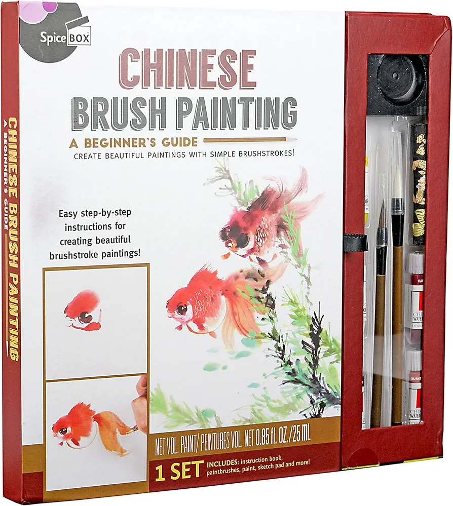 SpiceBox Masterclass Chinese Brush Painting Kit for Adults, DIY Learn to Paint Arts and Crafts Hobby Set, Includes Watercolor Paints, Book, Paintbrushes, Ink Stone, Ink Stick, Sketch Pad