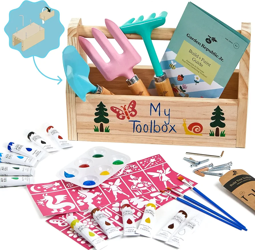 Kids Gardening Set - DIY Kids Gardening Tools Box with Kid Garden Tools: Childrens Rake, Shovel & Fork + Arts & Crafts, Gardening Gifts for Kids 5-12