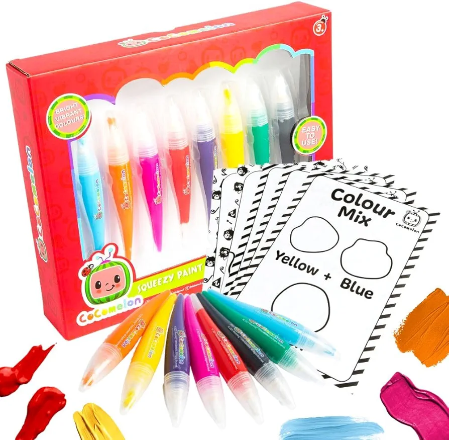 Toyland® Cocomelon Squeezy Paint Set Including 8 Paints, 10 Colouring Sheets & 5 Art Sheets - Cocomelon Toys