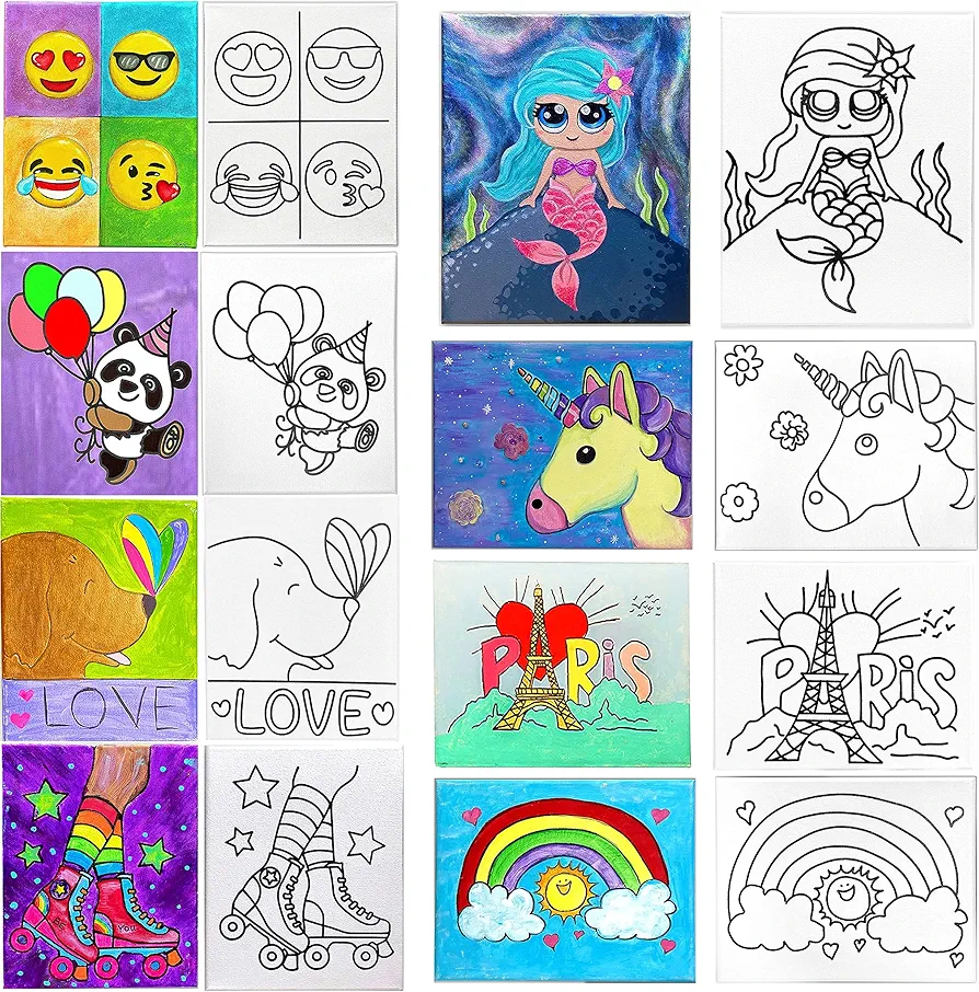 INDIGO ART STUDIO 8 Pack 8x10 Canvas Painting Set for Kids | Unicorn Paris Rainbow DogLove Mermaid Retro Skates Panda Baloons | Birthday Paint Party Favor | DIY