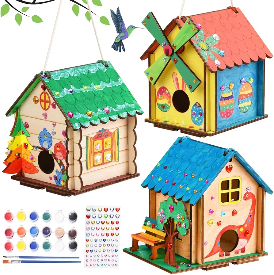 3 Pack Bird House Crafts for Kids Ages 8-12 5-8, DIY Wooden Arts and Crafts Kit for Children to Build, Make Your Own Birdhouse, Summer Painting Activities Crafts Gifts Outdoor Toys for Boys Girls