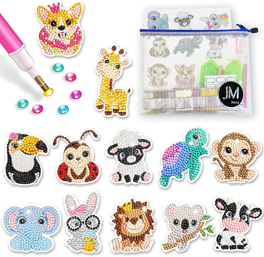 JM House 5D Diamond Painting Stickers Kits for Kids, 12Pcs Animals Gem Diamond Art for Kids,DIY Mosaic Stickers with Dots, Arts and Crafts Best Tween Gifts for Boys and Girls Age 4-6,6-8,8-10