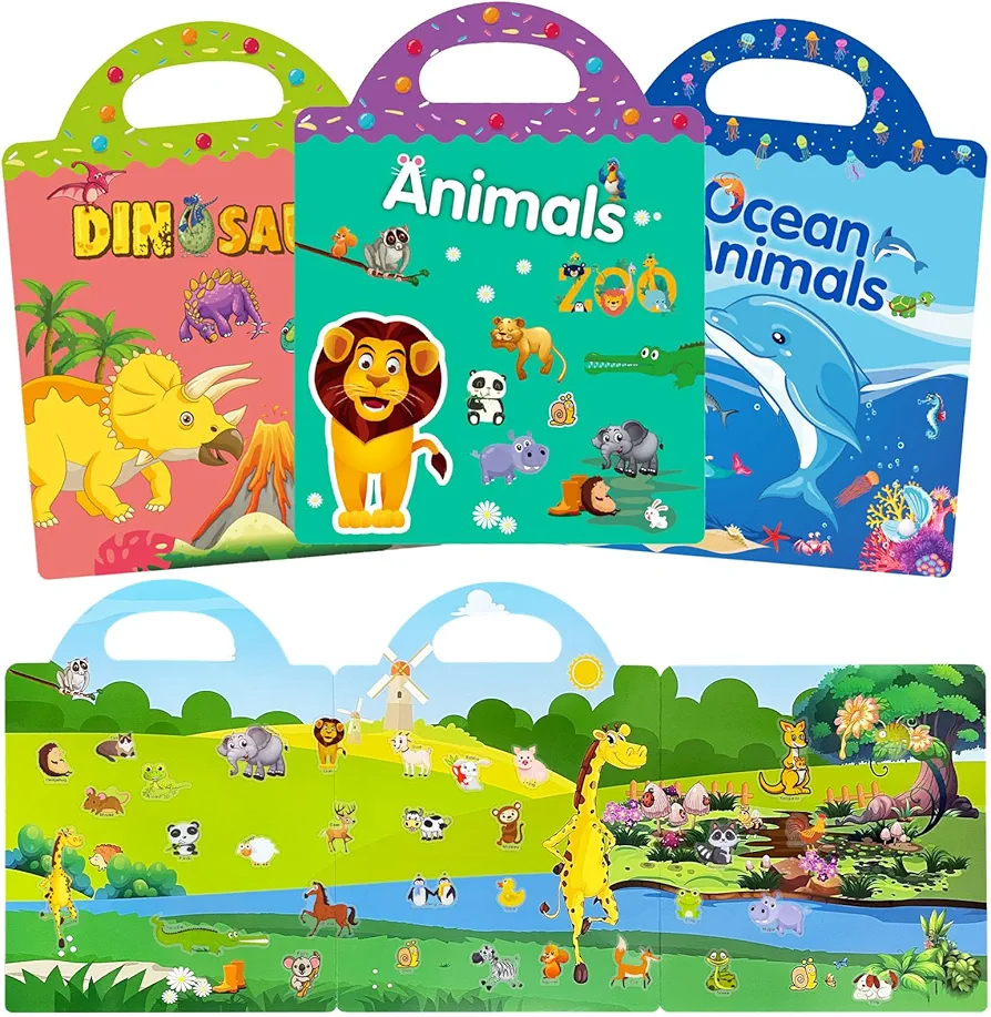 3 Sets Reusable Sticker Books for Kids 2-4, Sticker Books for Toddlers 1-3, Toddler Sticker Book Waterproof Stickers for Arts Crafts Activities - Animals, Dinosaurs and Ocean