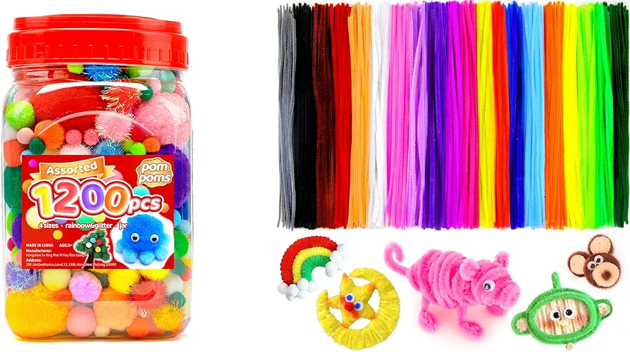 1200pcs pom poms+1000pcs pipe cleaners, art and craft supplies