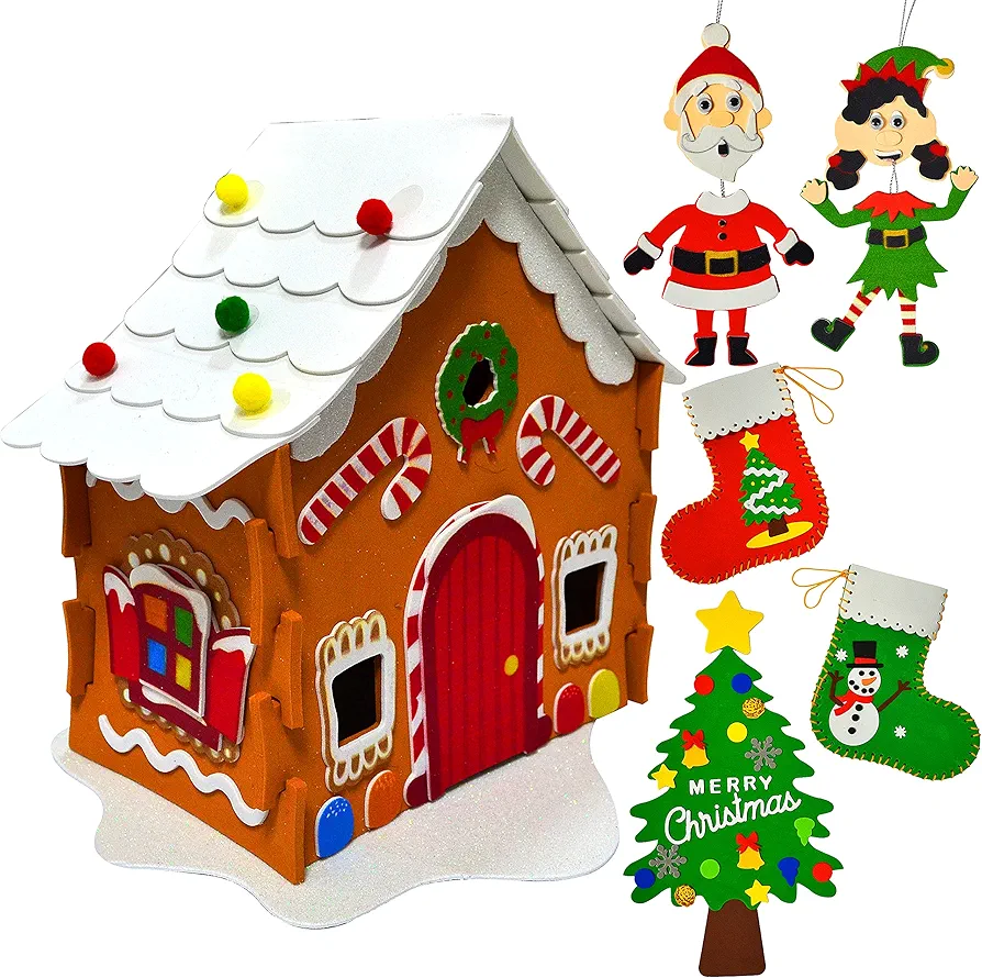 JOYIN Christmas Art and Craft Kit DIY with 3D Gingerbread House, Christmas Tree Door Sign, Foam Stocking Kit, Two Characters Decors Kids Boys & Girls Activities Project Set
