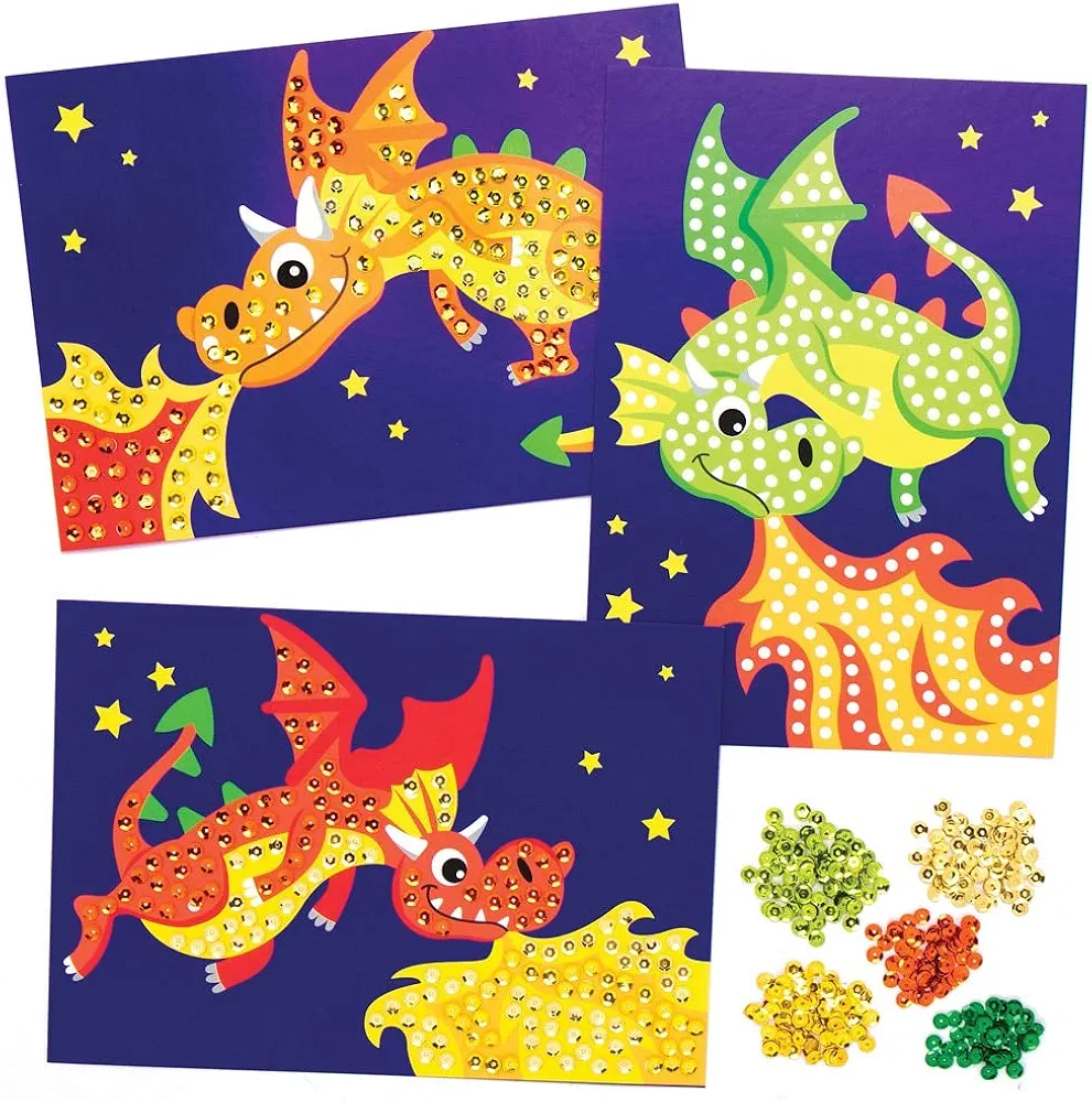 Baker Ross AT748 Dragon Sequin Picture Kits, for Kids Arts and Crafts Projects (Pack of 4), Assorted