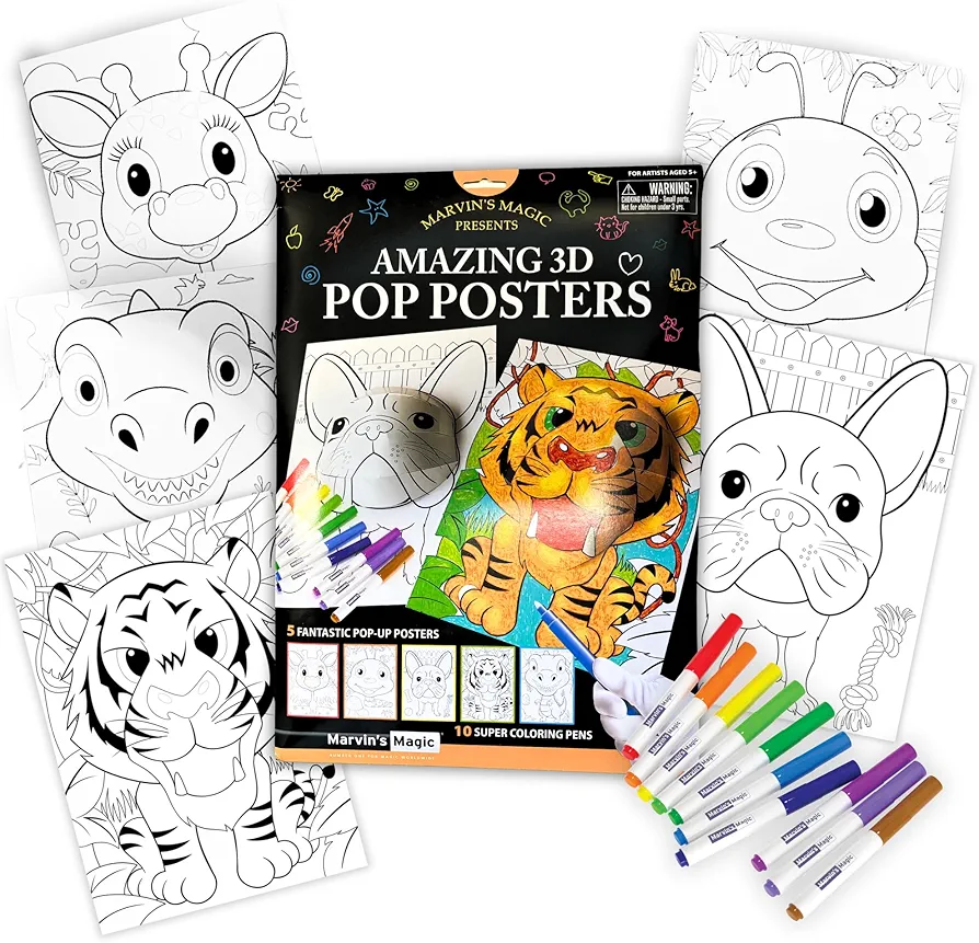 Marvin's Magic - Amazing 3D Pop Posters - Vibrant Art and Craft Kit - Includes Bright Markers and Interactive Animal Designs - Portable - Ideal for Ages 5+