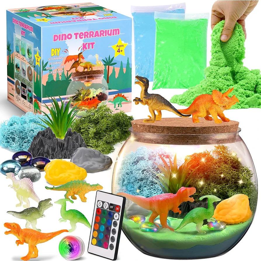 Dinosaur Terrarium Kit, Light Up Terrarium Kit Kids Crafts Toys, DIY Dino Arts and Crafts for Kids Ages 4 5 6 7 8-12 Years Old, Dinosaur Present for Boys Girls, Ideal Birthday Christmas Gifts Ideas