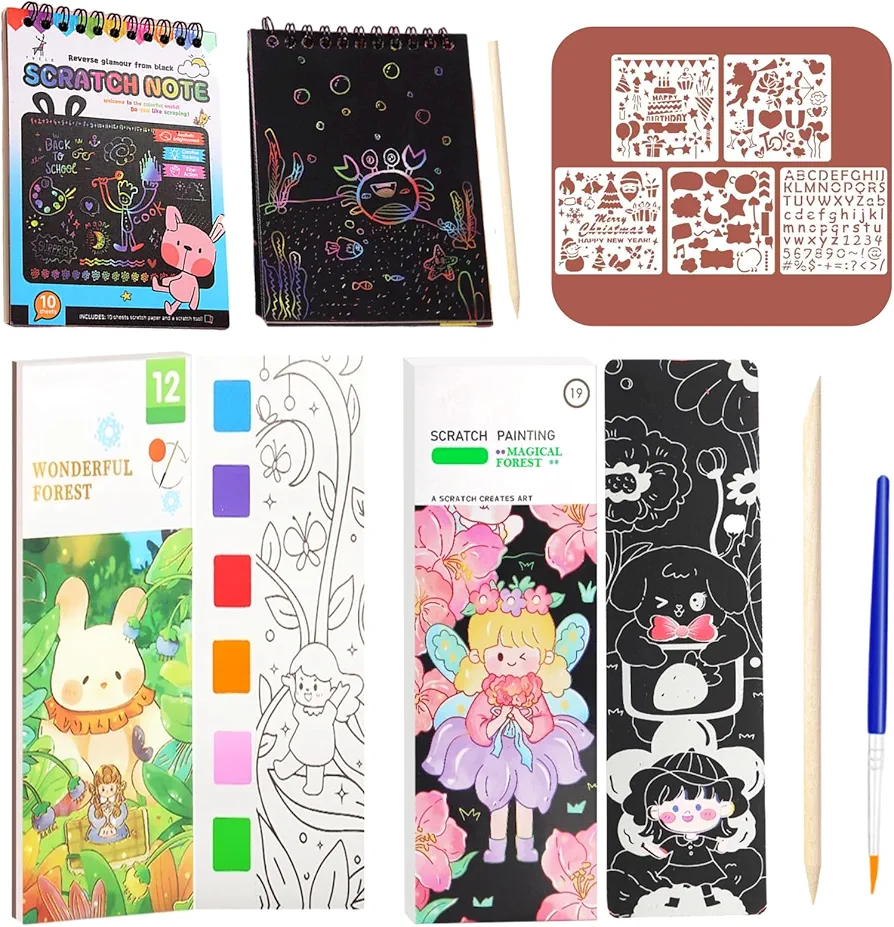 Water Coloring Book, Scratch Art Set for Kids Ages 4-8, Watercolor Painting Book with Brush, Rainbow Scratch Art Notebook to Toddler Activities Party, Arts & Crafts for Girls, Boys Ages 3-5 (Forest)