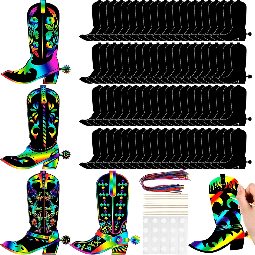 Hungdao 80 Pcs Western Cowboy Scratch Cards for Kids Colorful Rainbow Cowboy Scratch Paper Art with Wooden Stylus for Western Theme Birthday Party Classroom DIY Activities (Boot Style)