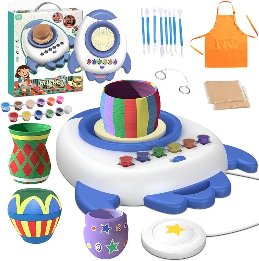 Ccinnoe Kids Pottery Wheel Kits, Complete Pottery Wheel and Painting Kit with Sculpting Clay,Air Dry Natural Clay, Craft Tools, Arts & Crafts, Craft Kits for Kids