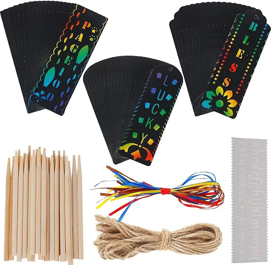 Omigga 75 Sets Rainbow Scratch Paper Art Scratch Bookmarks Scratch Off Notes with 8 Style Painting Stencil Satin Ribbons Bamboo Stylus and Twine for Children Kids DIY Tags