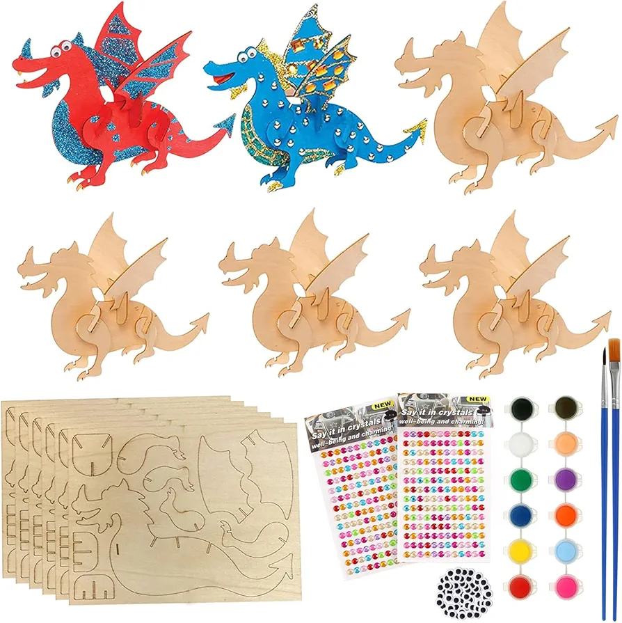 RONIAVL 6pcs Dinosaur Wooden Model Dinosaur Set Unfinished Wooden Model Dinosaur to Paint DIY Paint Handicraft Wood Dinosaur Kits for Kids Art Craft Projects Home Decor Gifts