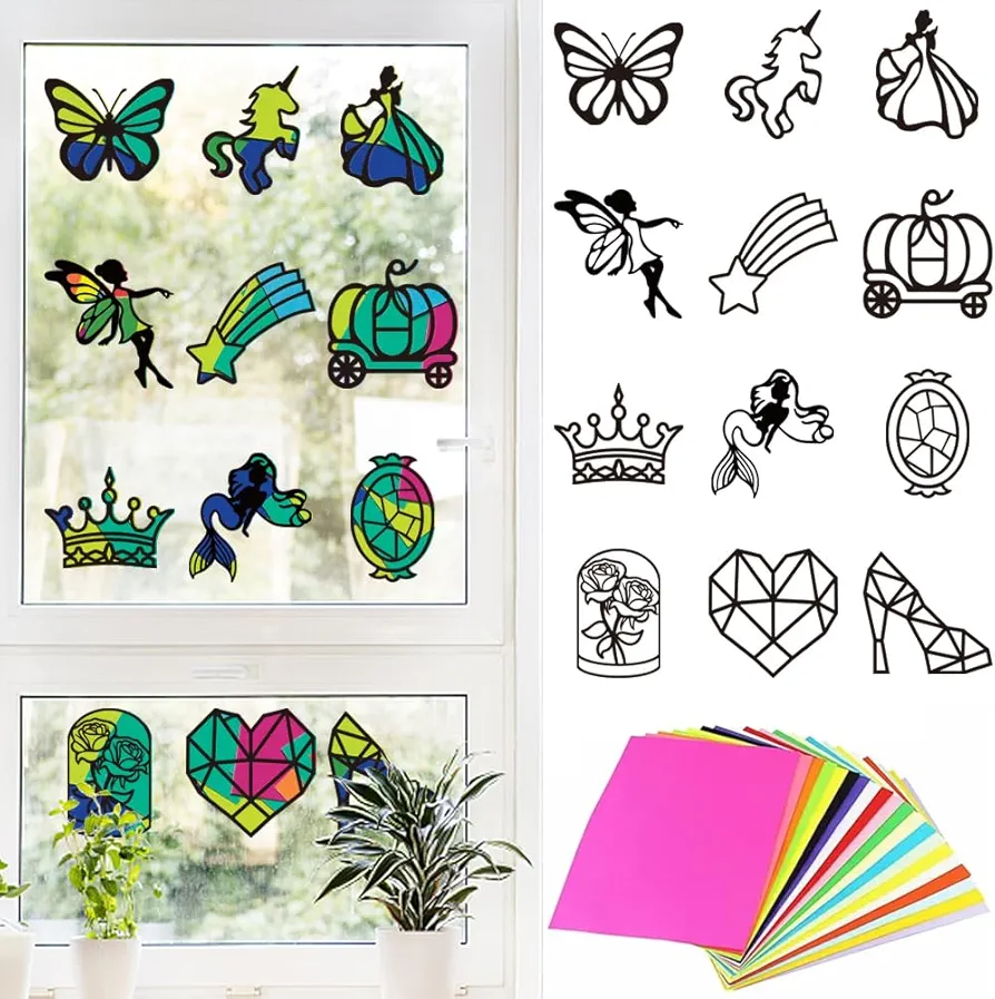 PLIGREAT 12 Pieces Heart Suncatcher Crafts DIY Butterfly Fairy Stars Window Glass Art Kit with Colored Paper for Classroom Creative Window Art Party Favor Spring Summer Suncatcher Set
