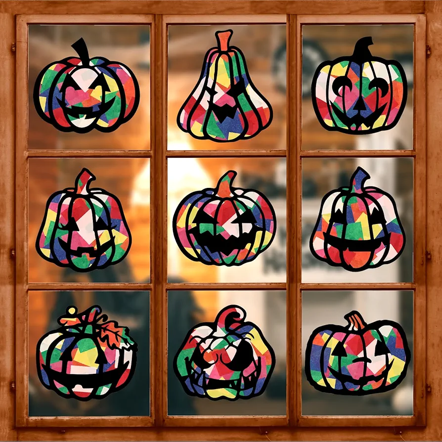 9Pcs Halloween Pumpkin Suncatcher Craft Kits for Kids Jack-O-Lantern Suncatcher Set Colorful Tissue Paper for Halloween DIY Crafts Window Art Decorations