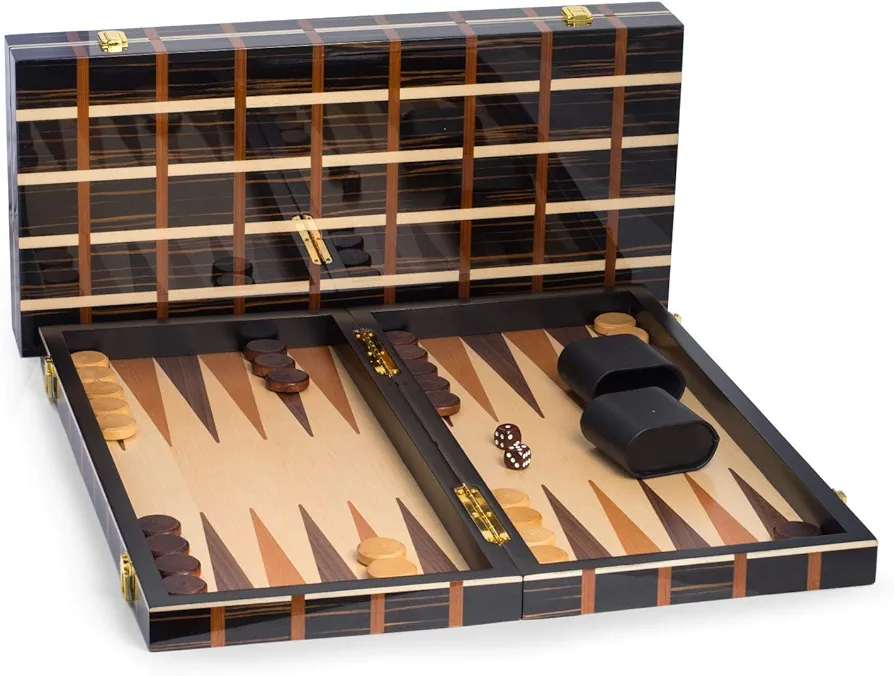 Luxury Designer Deluxe Backgammon - Luxurious Art -Deco Design Custom Crafted Multicolor Wood Inlaid High- Lacquer Finished Wood Board Game Set with Wood Playing Pieces & Leather Dice Cups