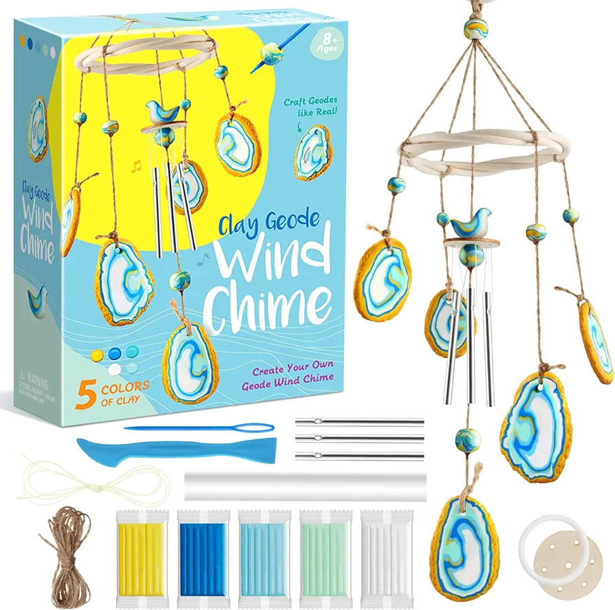 EDUMAN Make Your Own Clay Geodes Wind Chime for Home Garden Decoration, Arts and Crafts for Kids Ages 8-12, Wind Chime Craft Kit for Kids Learning & Educational Project Birthday Gifts for Boys & Girls