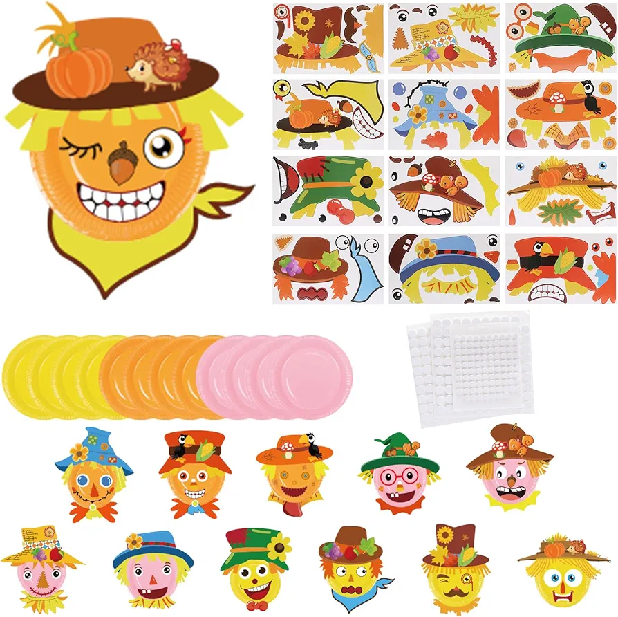 KATOOM 12 Pack Scarecrow Craft for Kids Make You Own Paper Plate Art Kit for Boys Girls DIY Fall Craft Card Preschool Classroom Art Project for Fall Thanksgiving Party Decoration