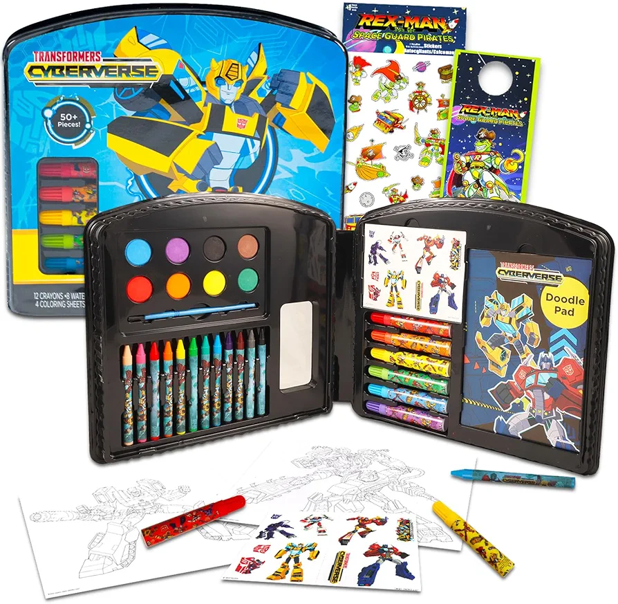 Screen Legends Transformers Art Set for Kids - 50 Pc Transformers Art Kit Bundle with Transformers Coloring Utensils, Paint, Art Pad, Stickers, More | Transformers Painting Kit for Kids