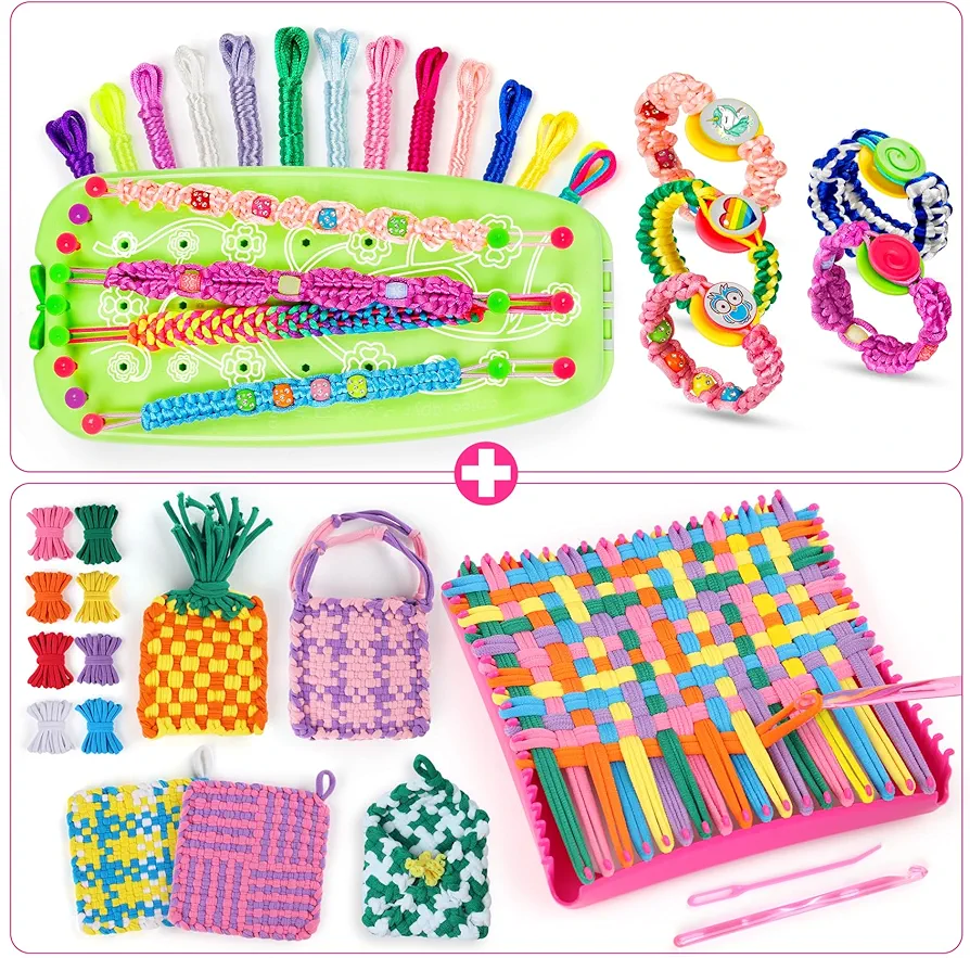PREBOX Girls Crafts with 1 Potholder Loom Weaving Kit & 1 Friendship Bracelet Making Kit, Christmas Birthday Gifts for Girls Age 6 7 8 9 10 11 12 Year Old