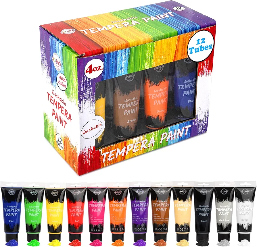12PCS Washable Tempera Paint Set for Children (4 oz Each), Non-Toxic Kids Paint for Arts and Crafts, Kid Friendly, Kid Safe Finger Paint Set, Color, Craft, Create and Party