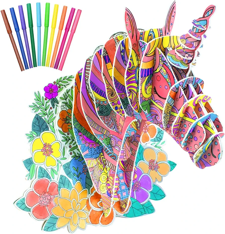 DEKWELL 3D Coloring Unicorn Puzzles for Kids, DIY Crafts and Arts Set Easter Gifts for Girls Ages 6-8,8-10,Painting Puzzles with 10 Colouring Pens Birthday Toys Gifts for Kids Age 6 7 8 9 10 11 12