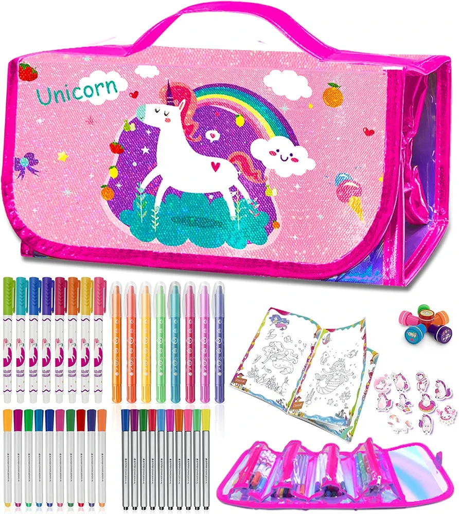 weirtoya Washable Fruit Scented Markers Set with Pencil Case Stickers Stamps Coloring Book, STEM Toys Mermaid Unicorn Gifts for Girls Birthday Gifts for Girls 4-9 Years