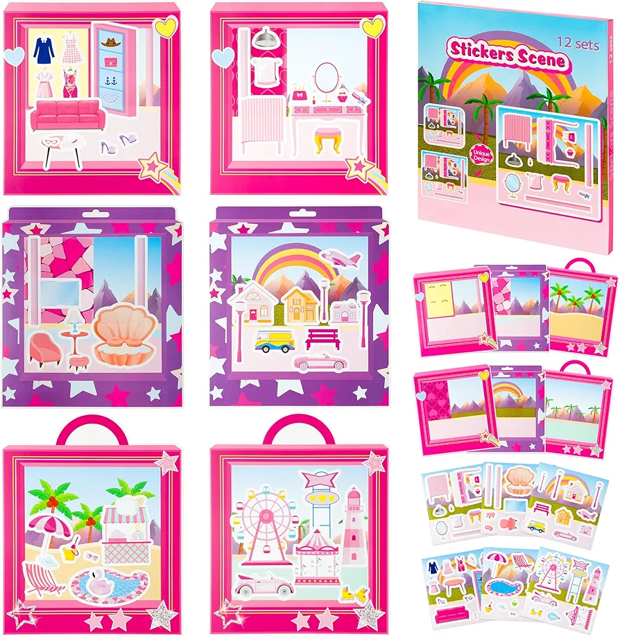 AgincBerry Pink Princess Sticker Scene - 12 Set Princess House Scene Sticker Art Craft for Girls DIY Doll Dress Up Stickers Scene with Cosmetic Mirror Make Your Own Dress Up Stickers DIY Party Games