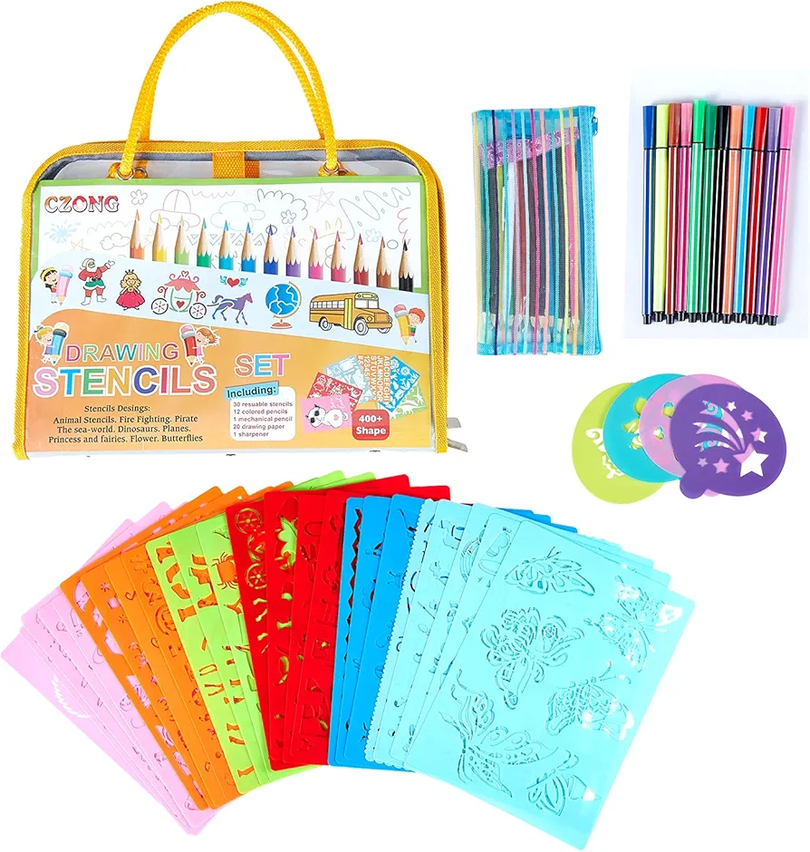 CZONG 30 Pieces Plastic Drawing Stencils Kit for Kids Arts and Crafts for Girls and Boys Kids Coloring Art Set, 400+ Designs and Scratch Art- Educational Toy, Creativity Gift