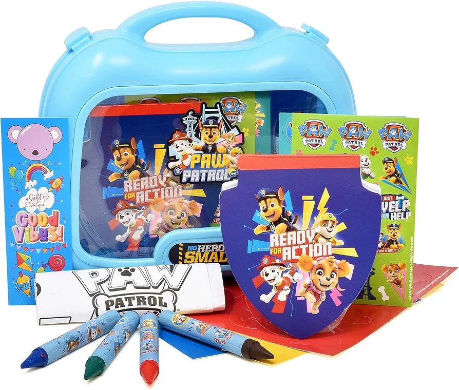 Paw Patrol Coloring and Activity Carry Case for Kids, Mess Free Crafts Art Kit with Jumbo Crayons, Stickers, Doodle Pad, Reuse Me Stickers, Gift Boutique Bookmark Included, for Boys Girls and Toddlers