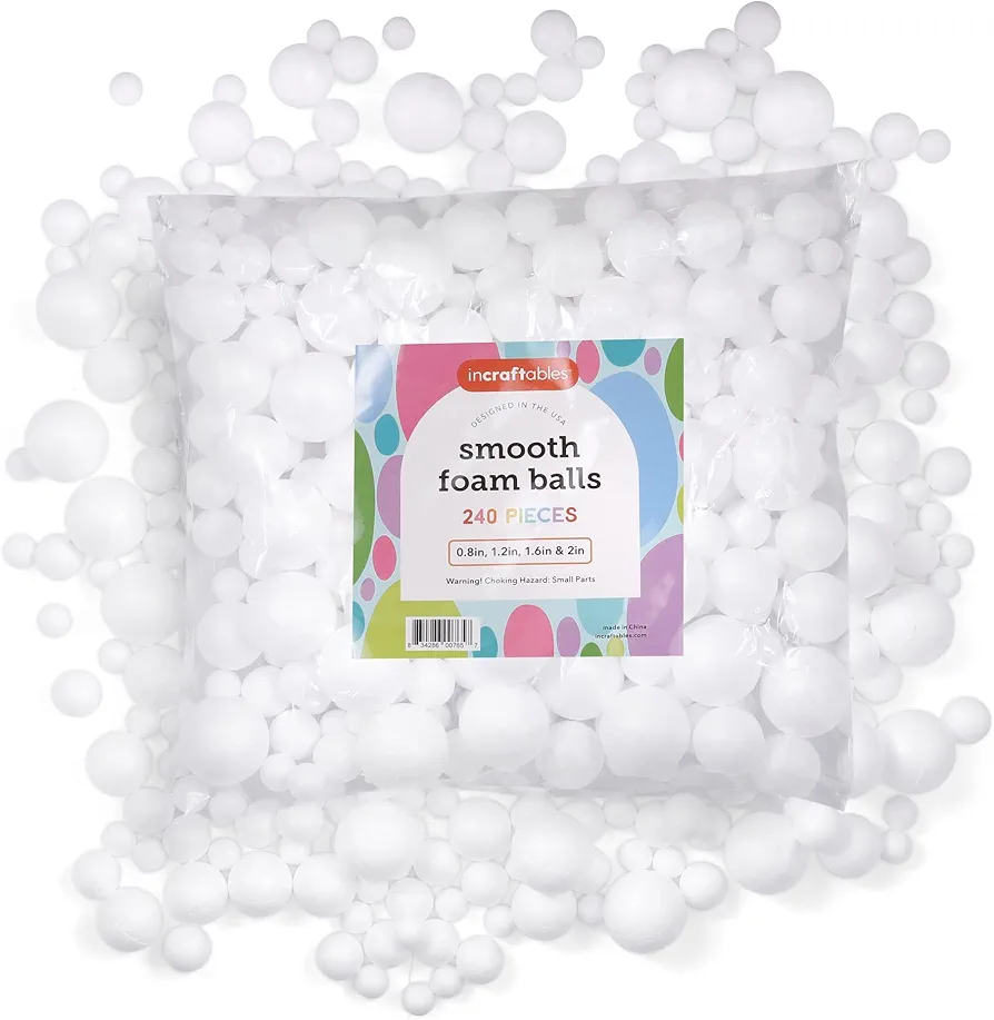 Incraftables Foam Balls 240pcs (0.8, 1.2, 1.6 & 2 inch). Assorted Foam Balls for Crafts. White Foam Balls for Solar System Project, DIY Arts & Slime. Best Round Large & Small Foam Balls