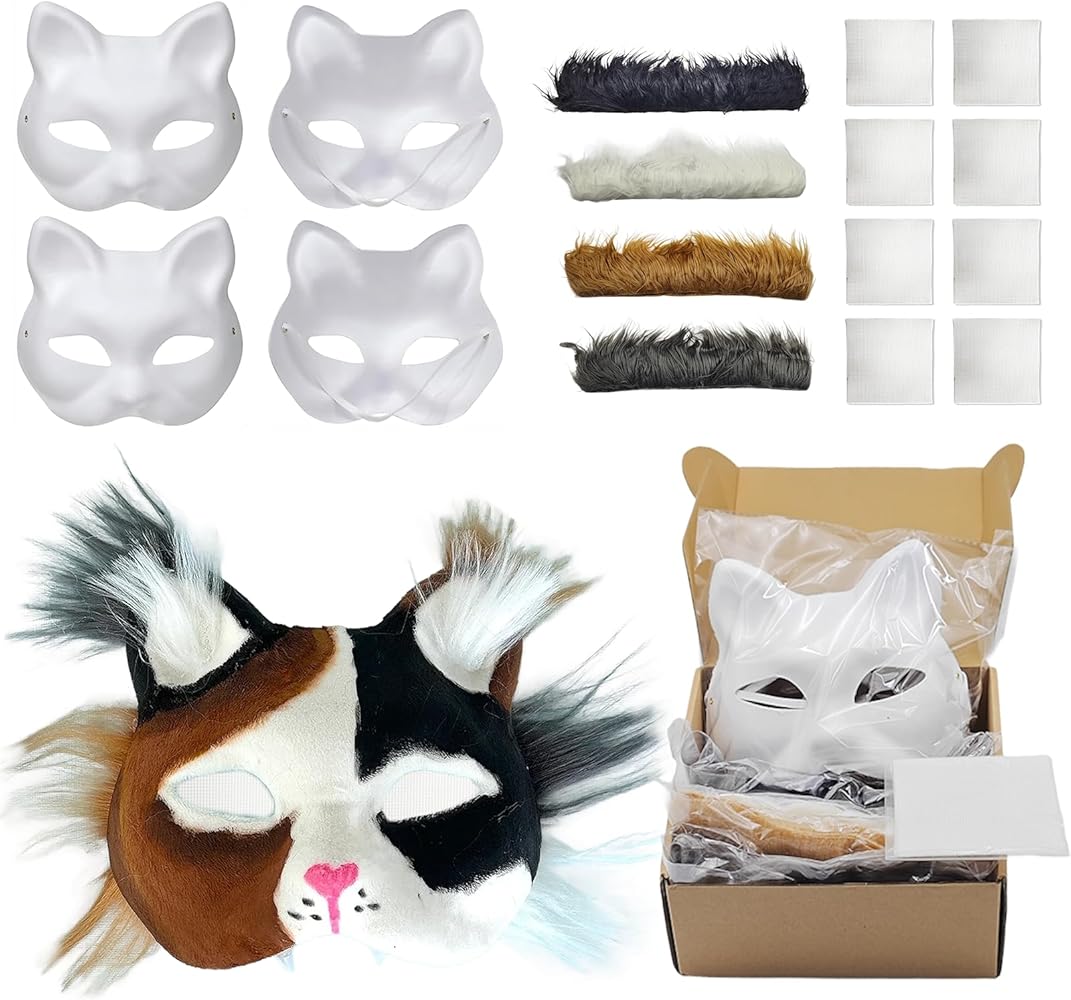 Cat Therian Masks with Fur and Eye Mesh, 4-PCS Therian Set for Kids' Arts & Crafts, DIY Animal Mask Blank Costume Gear for Halloween, Masquerade, and Cosplay Party
