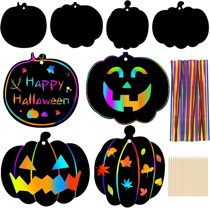 Lucleag Halloween Scratch Art Paper Crafts Kit, 40 Pieces Rainbow Halloween Pumpkins for Halloween Decoration Halloween Colorful DIY Pumpkins Ornaments, Include 40 Ribbons and 20 Sticks
