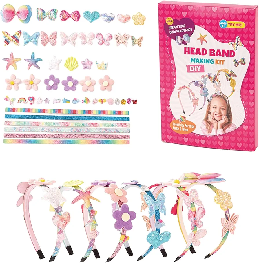 Axfbim Hair Accessories for Girls, DIY Hair Band Set, DIY Headband Kit with 6 Bands, Make Your Own Fashion Headbands for Kids, Arts & Crafts Gift for Ages 5-12 Year Old Girl