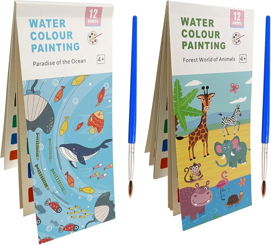 Utmiko 2 Pcs Watercolor Paint Coloring Books, Kids Watercolor Painting Set, Portable Pocket Set, Art Gift for Kids Over 4 Years Old on The Go
