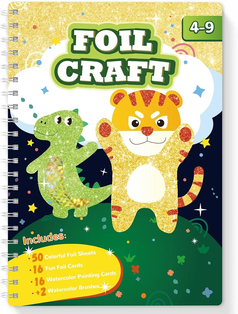 SOOVSY Foil Art Fun Kit for Kids, Foil Craft & Colorin Paper 2-in-1, Dinosaur & Animal DIY Craft Activity Kit, Creative Birthday Travel Toys Gift for Girl Boy Children 4 5 6 7 8 9 Years Old (Animal)