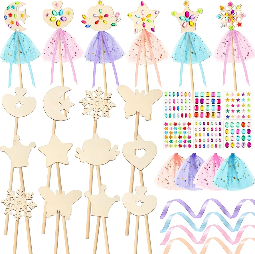 34 Pcs Make Your Own Princess Wand Kit 16 Unfinished Star Butterfly Crown Moon Fairy Wood Stick 6 Gem Stickers 4 Satin Ribbons 8 Mesh Decor for Halloween Cosplay Party Accessories DIY Art Craft Making