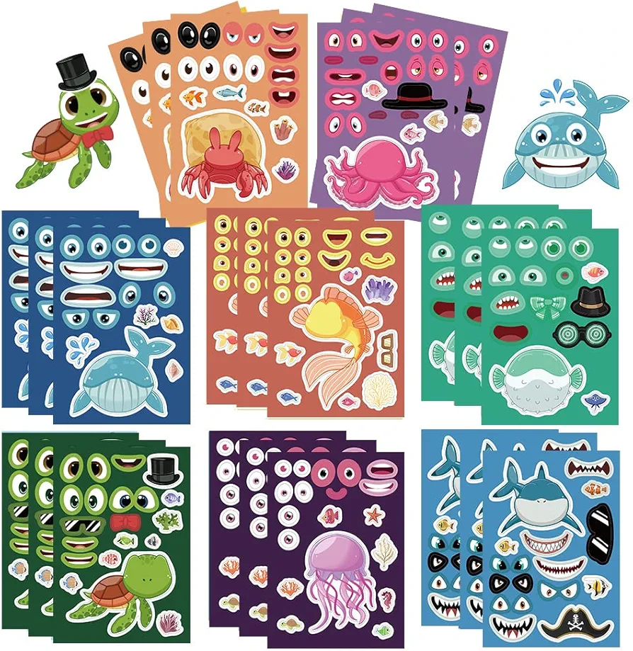 Cute Sea Animals Stickers for Kids, 24 Sheets Make Your Own Animal Stickers, Shark,Turtle,Fish,Crab,Octopus,Jellyfish Make A Face Stickers, Sea Animals Themed Art Craft Party Supplies