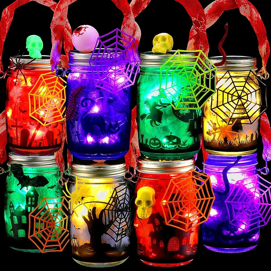 Jenaai 8 Pcs Halloween Lantern Craft Glass Mason Jar Light with Accessories for DIY Lantern Jar Halloween Activities Supplies Gift Halloween Jars for Halloween Crafts Art Party