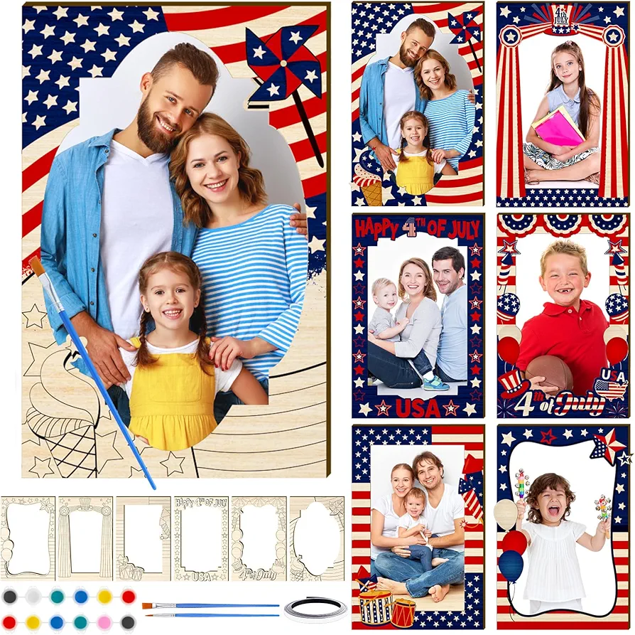 24 Sets Patriot Day Picture Frame Craft Kit for Kids Patriotic DIY Craft Kit Color Your Own Wood Magnetic Photo Frame Craft Veterans Day Craft for Classroom Home School Party Activities