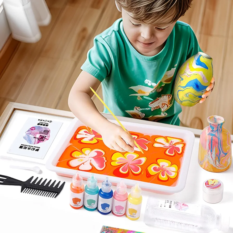 Walbest Water Marbling Paint Kit for Kids, Craft Supplies & Materials for Ages 6-18 Girls Boys Marble Paint Art, Floating Water Painting Set Gift for Boys Girls Paint Craft Kits 1 Set