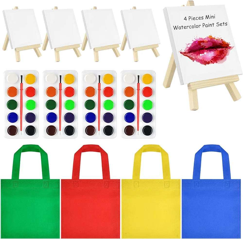 4 Sets Watercolor Paint Party Supplies Mini Paint Canvas and Easel Sets with Mini Watercolor Paint Sets 4x4" Mini Canvas Mini Wooden Easel Watercolor Paint in Bulk Non-Woven Bags for Art Party