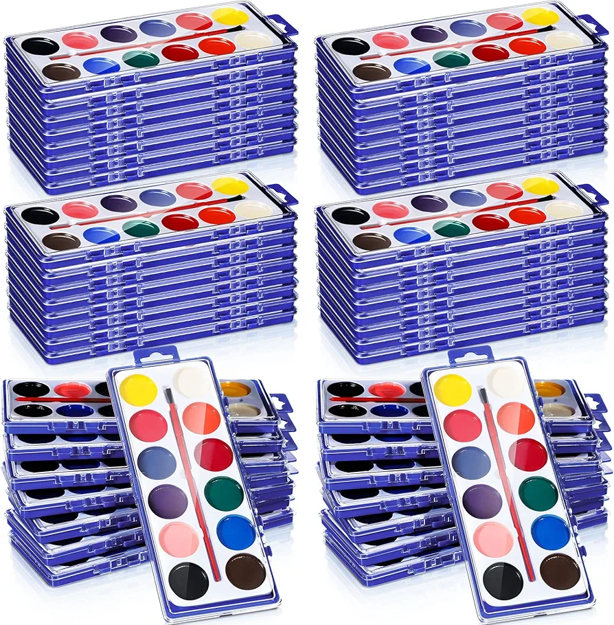 Zhehao 48 Sets Watercolor Paint Sets Bulk 12 Colors Washable Watercolor Paints Kids Art Painting Supplies for Kids Adults Art Activities Home Classroom School Party Favors, Paintbrush Included